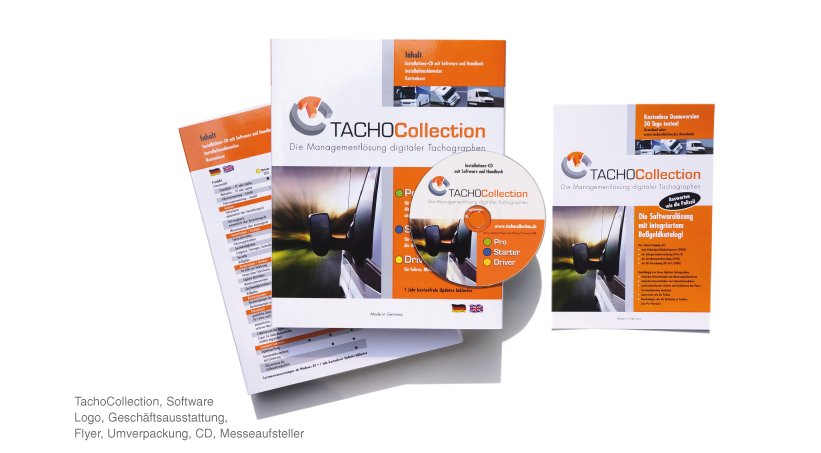 TachoCollection, Software - Logo, Geschäftsausstattung, Flyer, Umverpackung, CD, Messeaufsteller